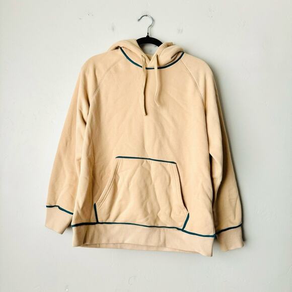 Madeleine Thompson cream hoodie blue hems soft inside woman’s size L - Picture 1 of 8
